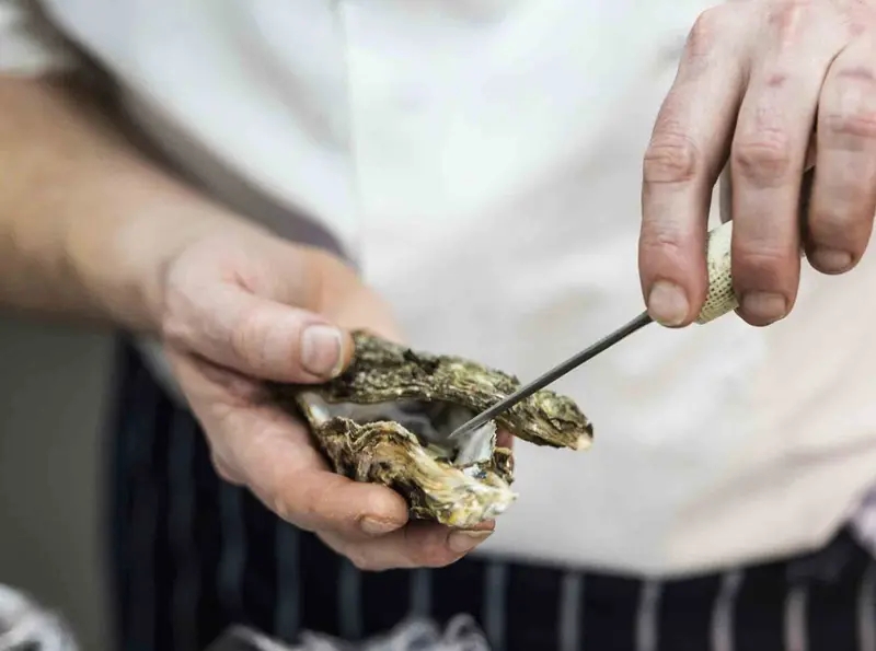 Chef prepping oysters at the Seafood and Grill restaurant at The Brudenell Hotel, Aldeburgh
