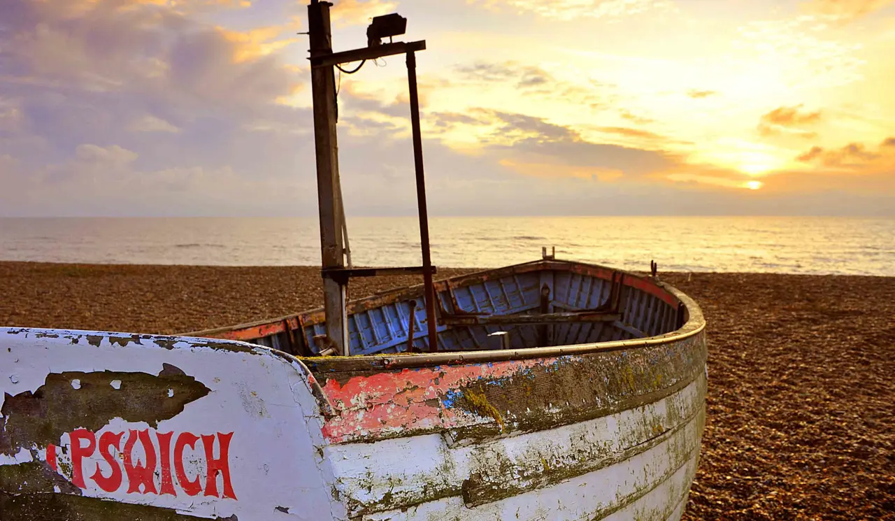 The Brudenell Hotel, Aldeburgh, boat on beach 
