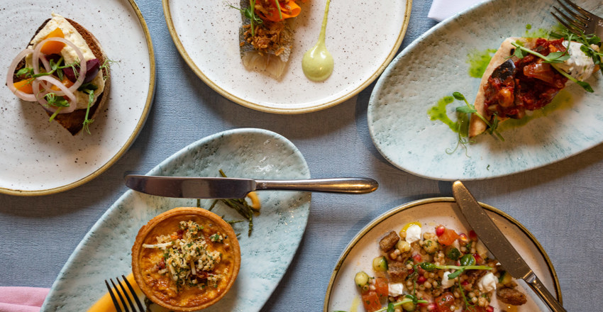 Overhead feast shot of starters and tapas