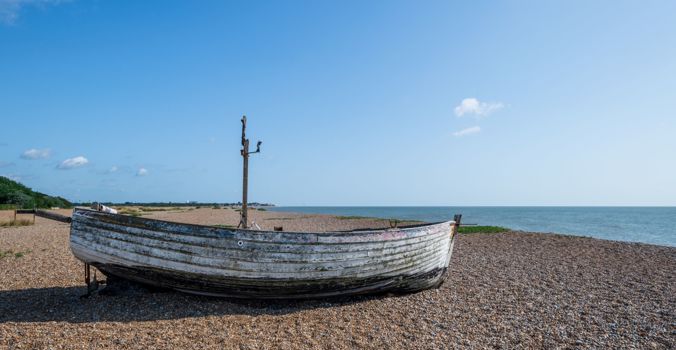 Aldeburgh beach with boat, sunny day scenery