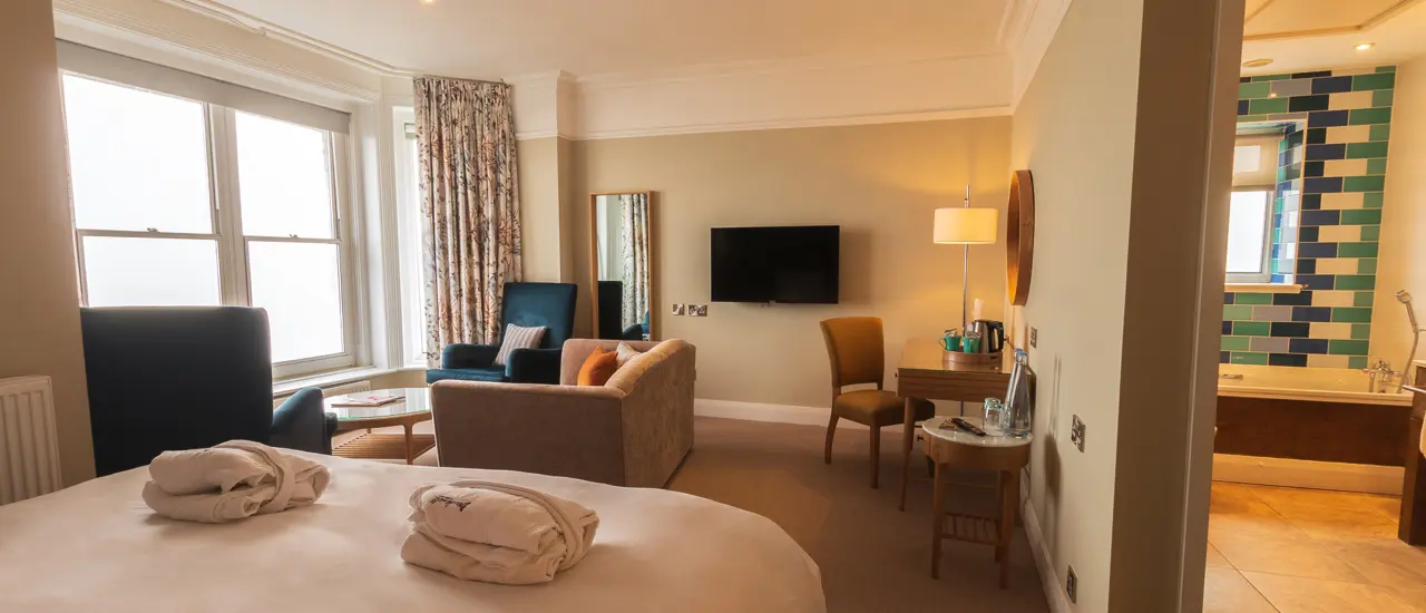 The Brudenell Hotel, Aldeburgh, Deluxe Seaview room, whole room with seating area and bathroom