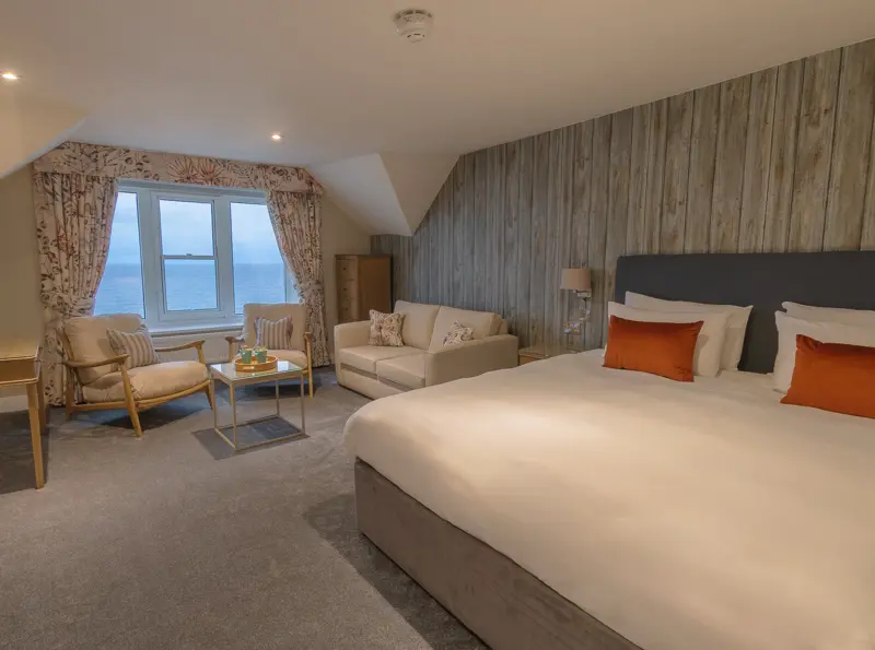 The Brudenell Aldeburgh, Superior Sea View room, bed with sea view