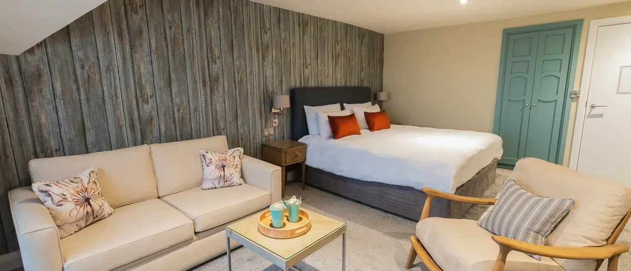 The Brudenell Aldeburgh, Superior Sea View room, bed with separate seating area