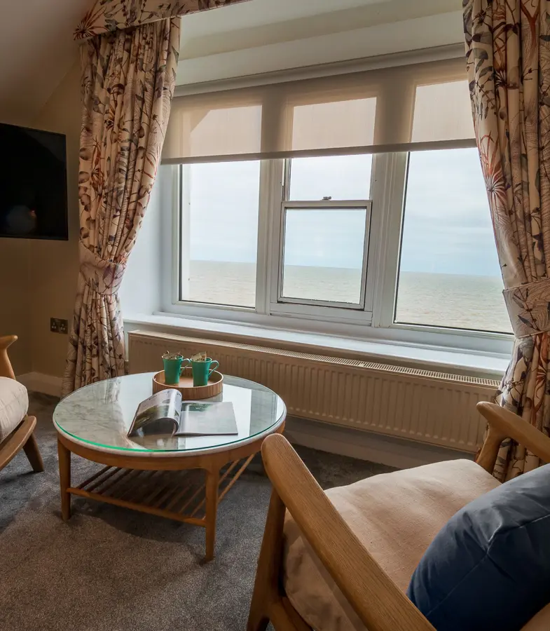 The Brudenell Aldeburgh, Superior Sea View room, sea view from seating area