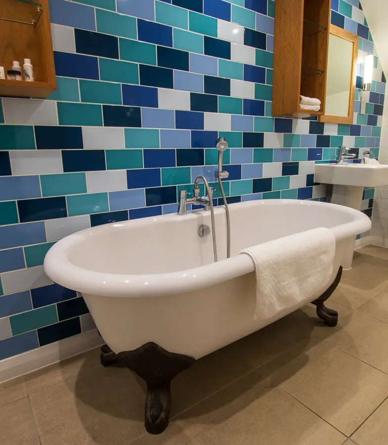 The Brudenell Aldeburgh, Superior Sea View room, bathroom with  roll top bath