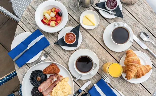 Breakfast spread on table